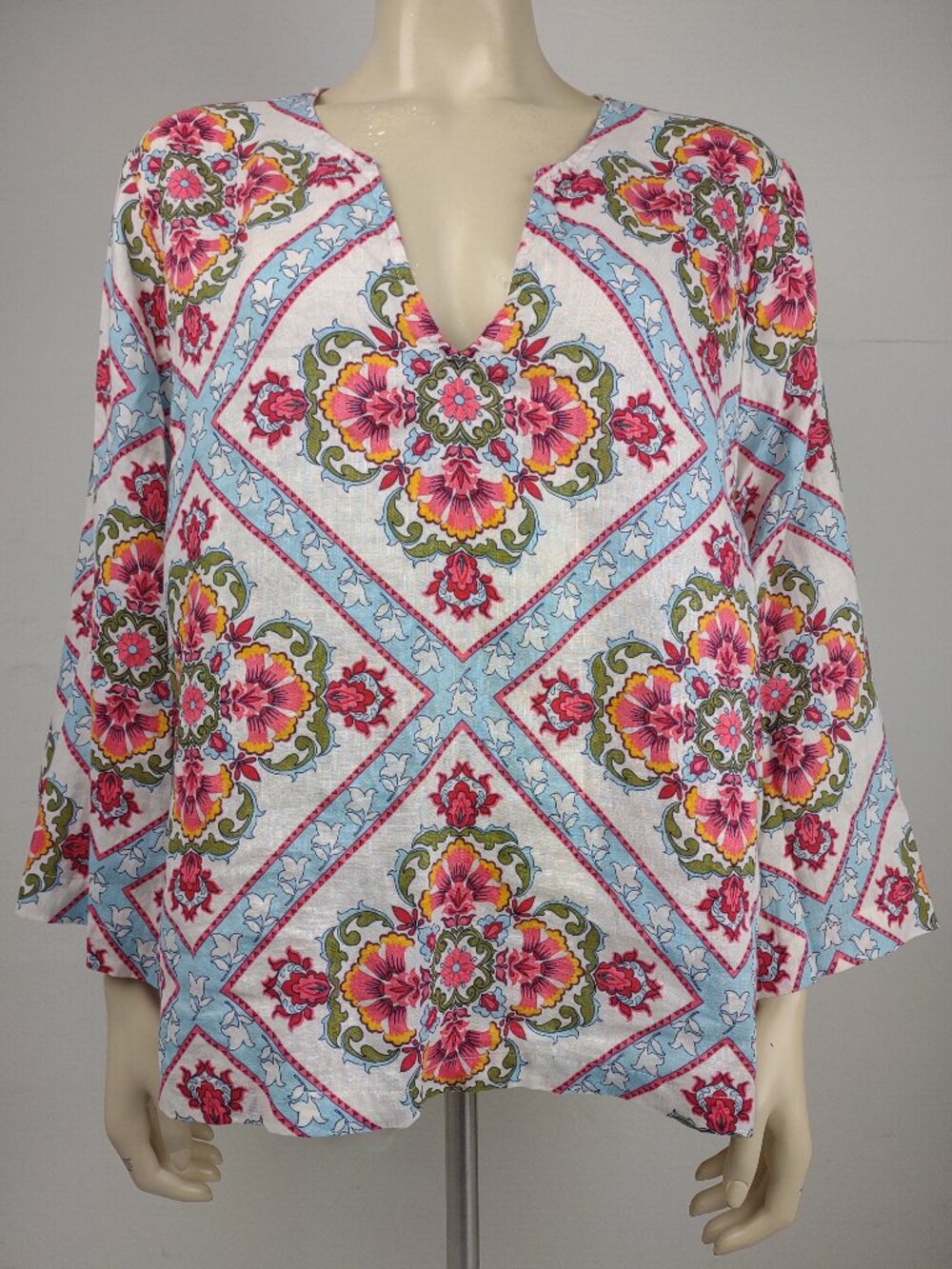 Boden colorful floral 100% Linen V-Neck long sleeve boho blouse top ladies 16 18